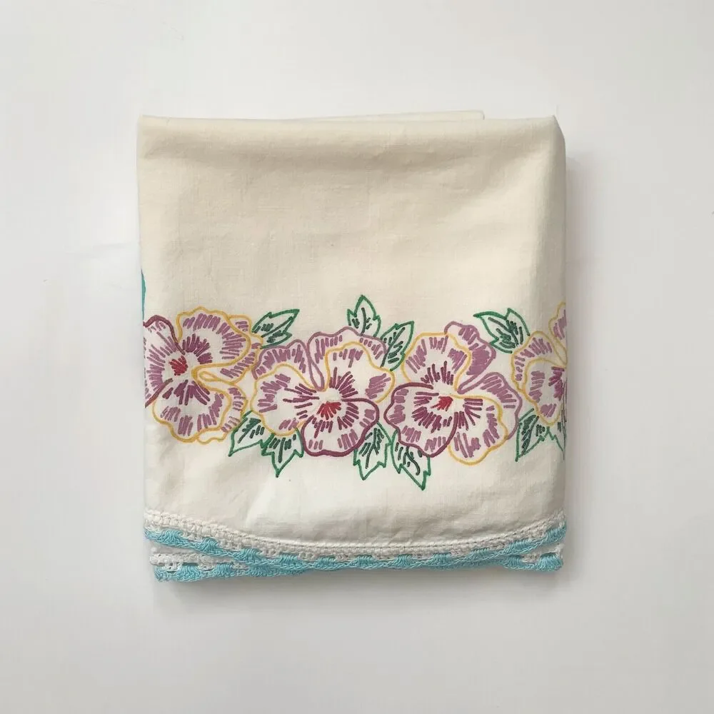 Hand Paint Liquid Embroider Pillowcase Pansy Crochet Lace Shabby Décor Cottage